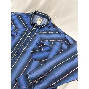 Vintage Express Rider Pearl‎ Snap Blue Pink Long Sleeves Western Cowboy XXL